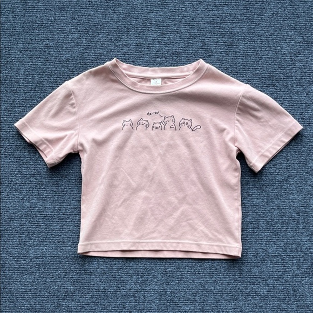 Kids Short Sleeve Crewneck Tee with Cat Line Art - Pink